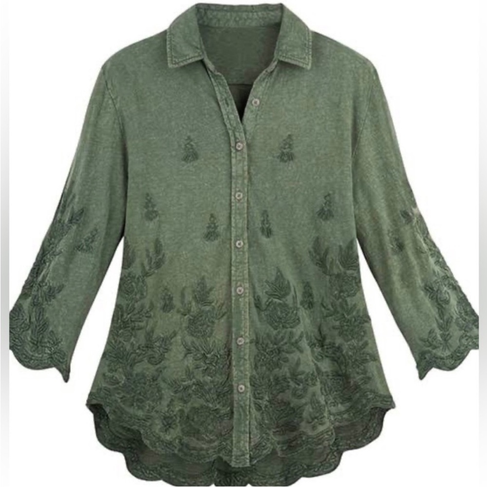 Caite x Athleta Handmade Embroidered Scalloped Hem Button Down Tunic Shirt